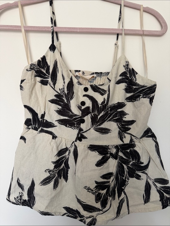 Monteau Tops - Monteau Cream & Black Floral Peplum Tank Top